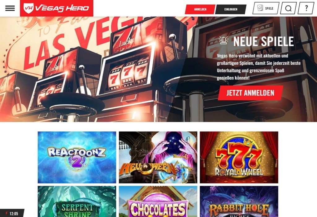 Vegas Hero casino homepage and game lobby