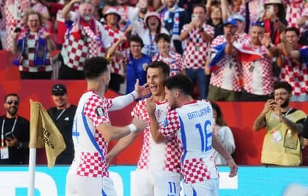 Croatia’s Ante Budimir (centre) celebrates his goal against Panama with Ivan Perisic and Martin Baturina.