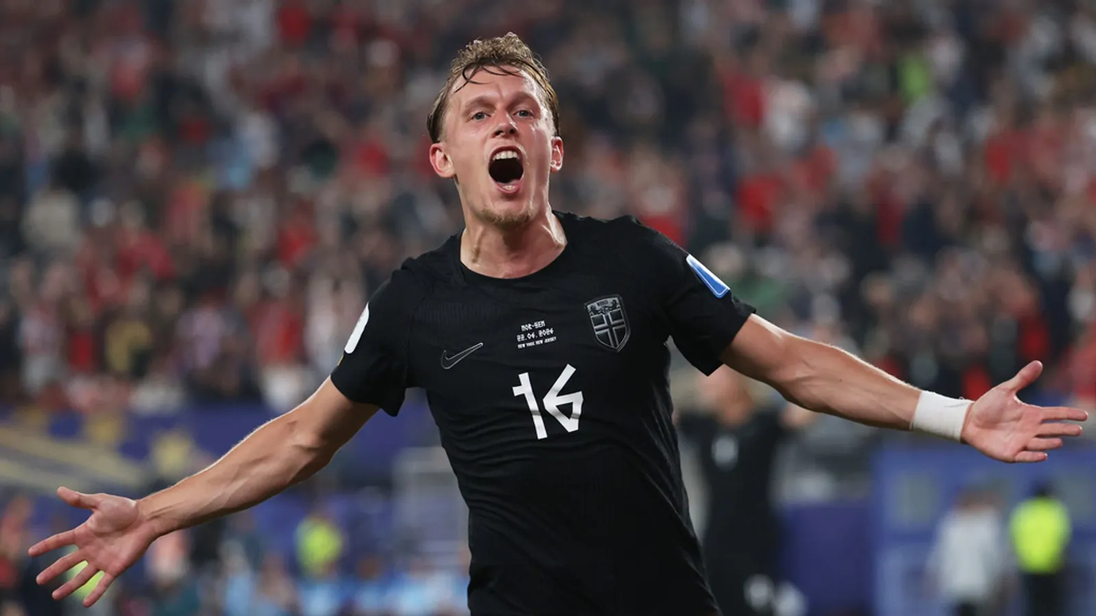 Norway's Marcus Holmgren Pedersen celebrates scoring his side's opening goal against Senegal during the World Cup Group I soccer match in East Rutherford, N.J., near New York, Monday, June 22, 2026. (AP Photo/Pamela Smith)