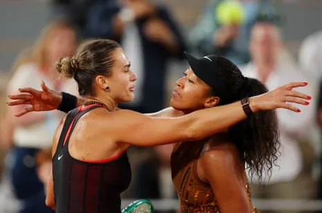 Aryna Sabalenka and Naomi Osaka hug after the world No 1’s straight-sets win