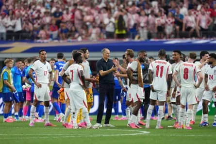 England’s head coach. Thomas Tuchel, congratulates his players after the full-time whistle in Dallas