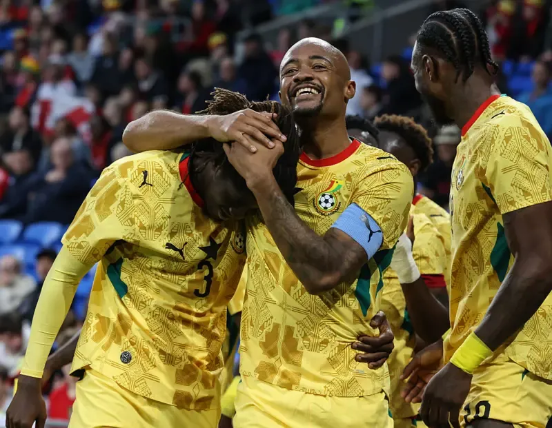 Caleb Yirenkyi (left) of Ghana celebrate's the games first goal with captain Jordan Ayew of Ghana