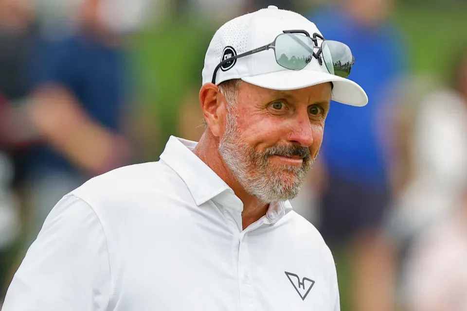 PLYMOUTH, MI - AUGUST 23: Phil Mickelson of HyFlyers GC smiles on the 16th green during Day Two of LIV Michigan at The Cardinal at Saint John's on August 23, 2025 in Plymouth, Michigan. (Photo by Michael Miller/ISI Photos/ISI Photos via Getty Images)