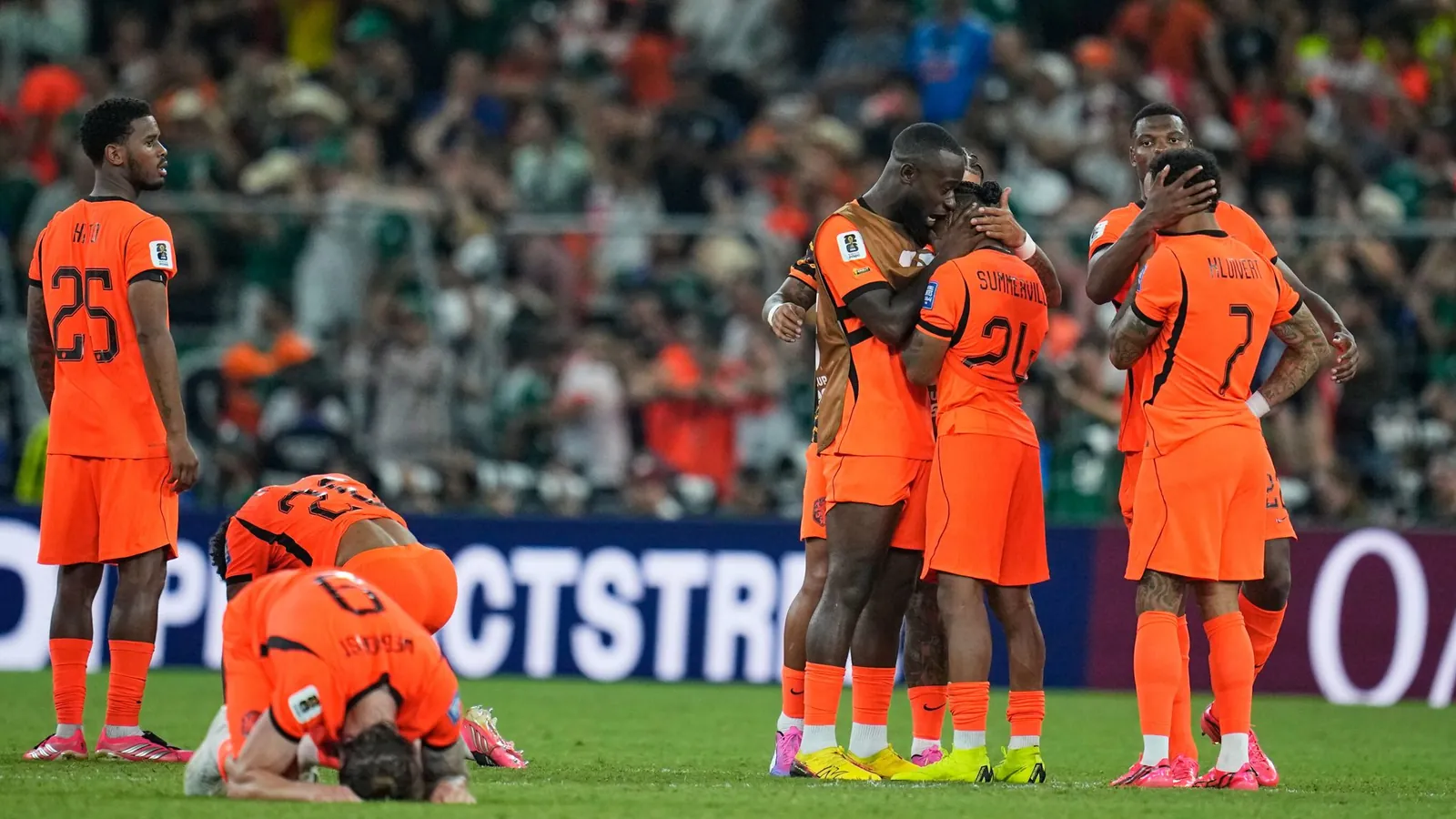 Netherlands players react following the World Cup round of 32 soccer match between the Netherlands and Morocco in Guadalupe, near Monterrey, Mexico, Monday, June 29, 2026. (AP Photo/Ricardo Mazalan)