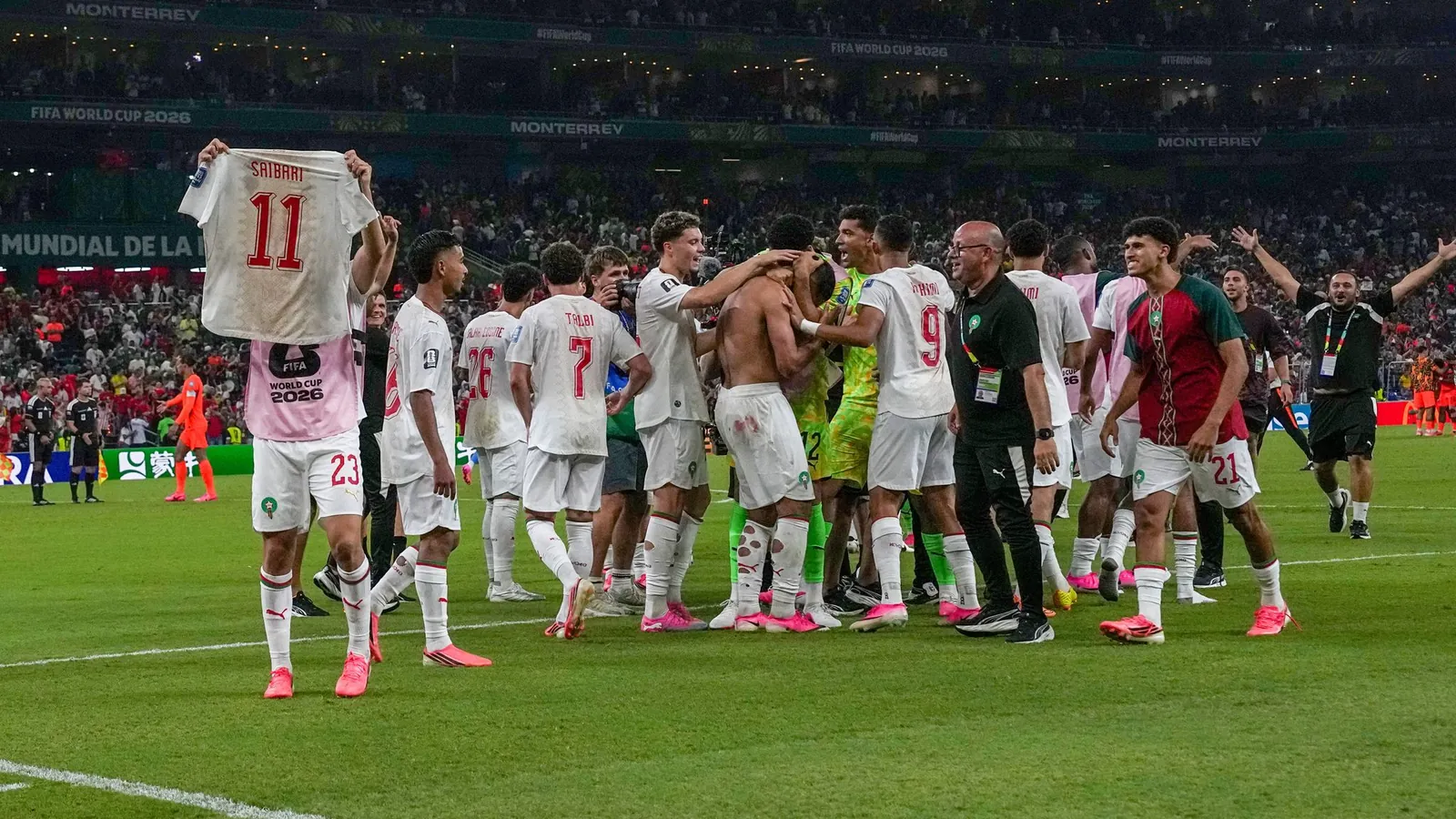 Morocco celebrates a win during the World Cup round of 32 soccer match between the Netherlands and Morocco in Guadalupe, near Monterrey, Mexico, Monday, June 29, 2026. (AP Photo/Dolores Ochoa)