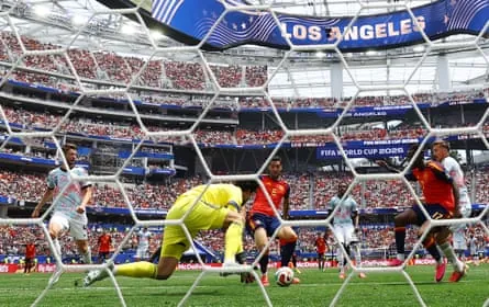 Spain’s Mikel Merino scores their second goal past Belgium’s substitute keeper Senne Lammens.