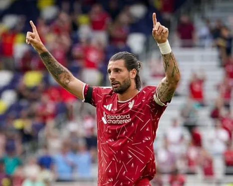 Liverpool’s Dominik Szoboszlai celebrates his goal against Sunderland